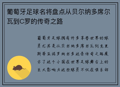 葡萄牙足球名将盘点从贝尔纳多席尔瓦到C罗的传奇之路