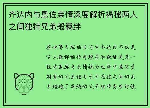 齐达内与恩佐亲情深度解析揭秘两人之间独特兄弟般羁绊 齐达内与恩佐亲情深度解析揭秘两人之间独特兄弟般羁绊