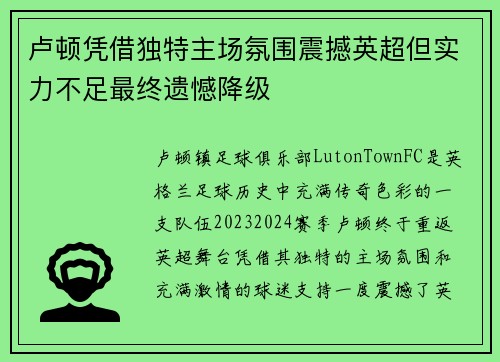 卢顿凭借独特主场氛围震撼英超但实力不足最终遗憾降级