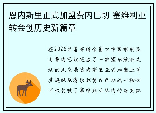 恩内斯里正式加盟费内巴切 塞维利亚转会创历史新篇章