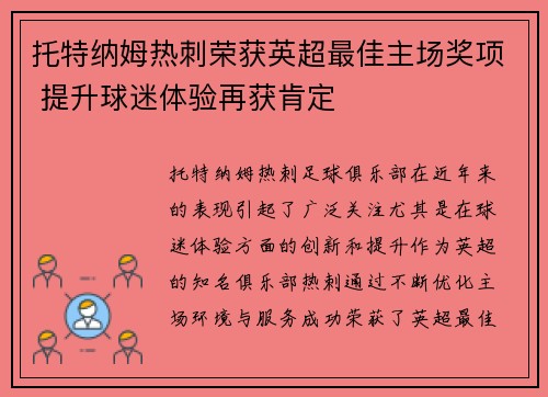 托特纳姆热刺荣获英超最佳主场奖项 提升球迷体验再获肯定