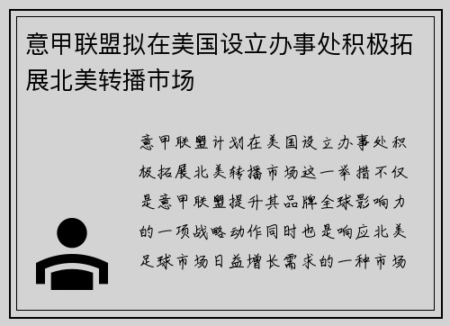 意甲联盟拟在美国设立办事处积极拓展北美转播市场